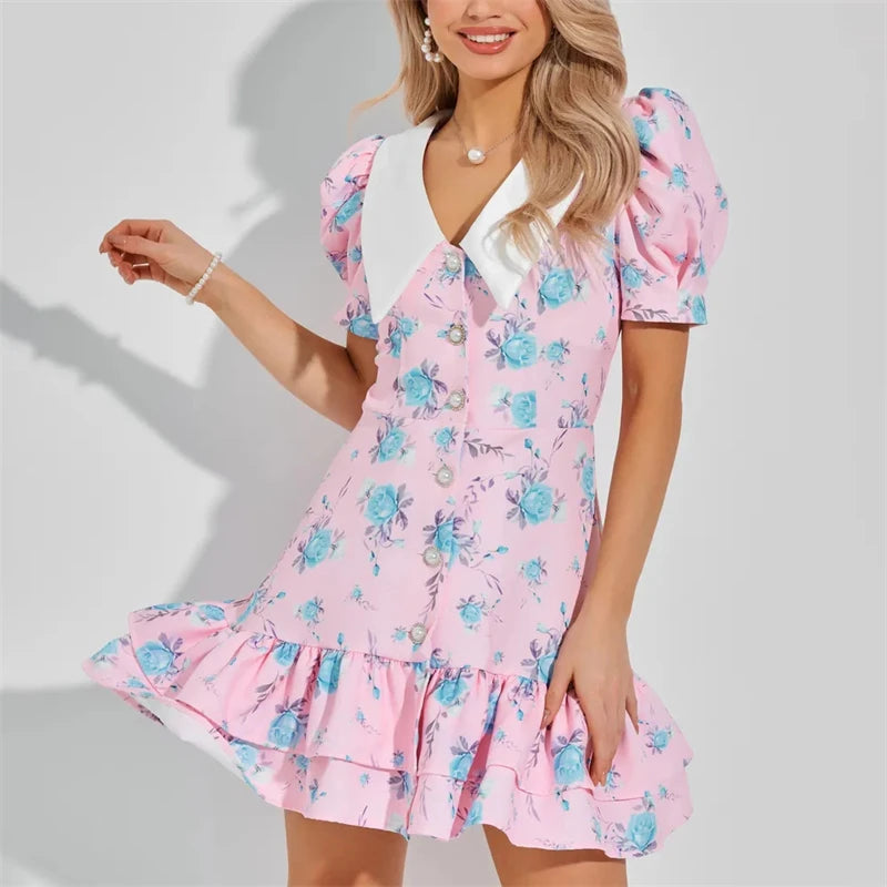 Tornova Puff Sleeve Ruffled Mini Dress