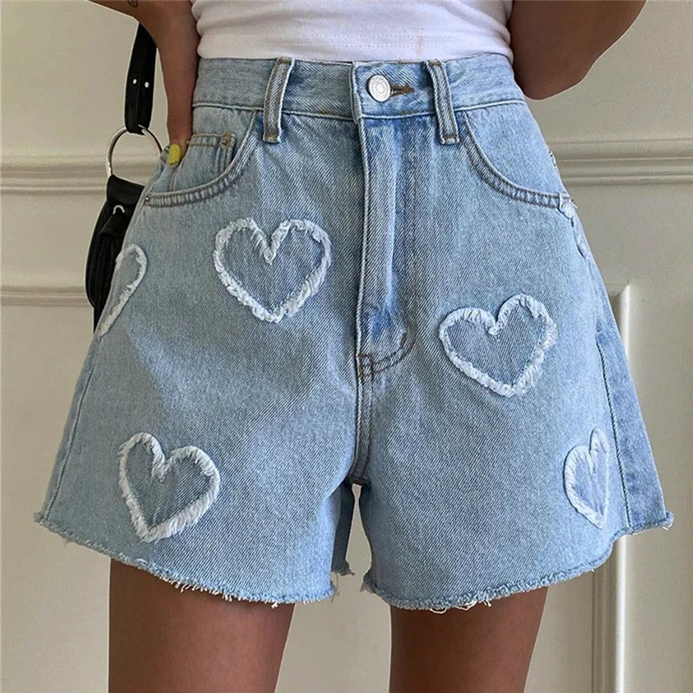 Y2K High-Waisted Denim Jorts with Hearts