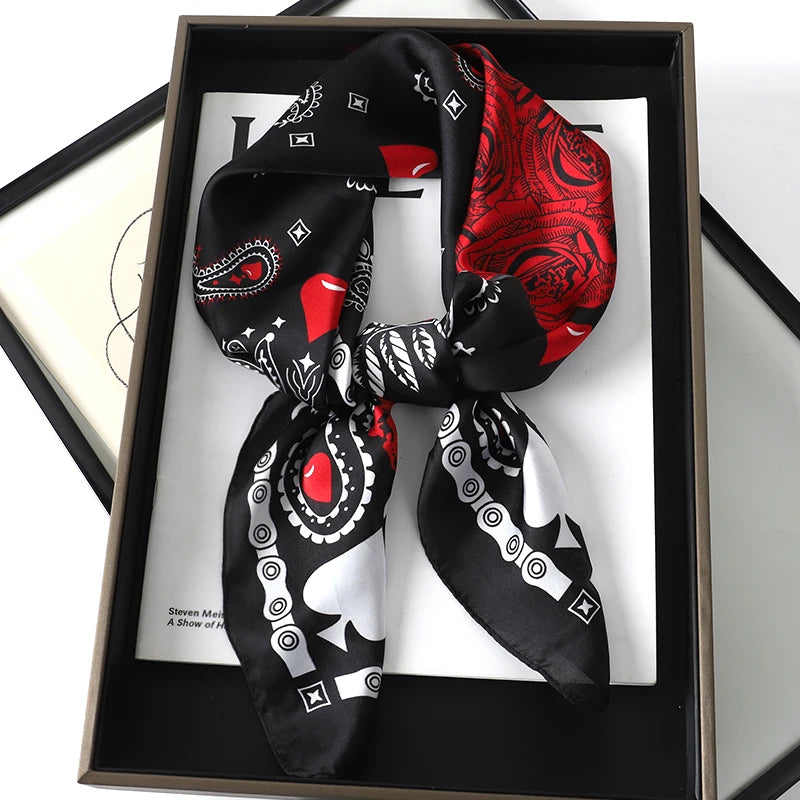 Silky Square Scarf & Head Wrap with Cat Motif