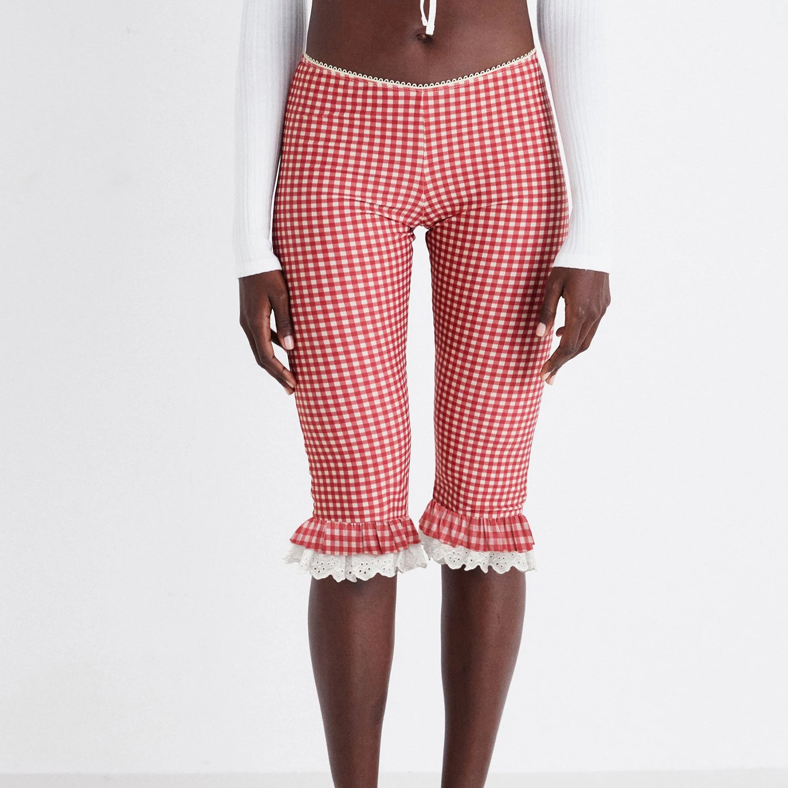 hirigin Y2K Lace Trim Plaid Capri Leggings with Low Waist