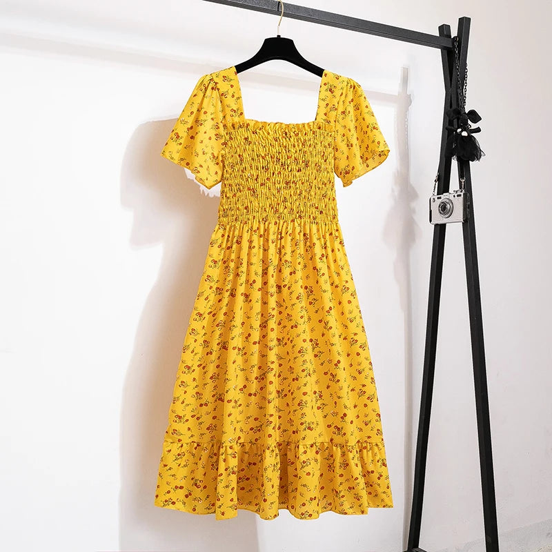 Floral Chiffon Midi Dress with Elastic Waist