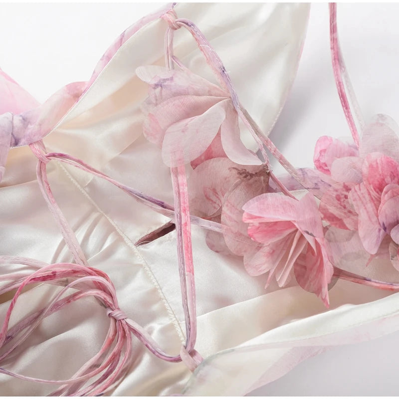 Backless Halter Summer Dress with 3D Flower Appliqués