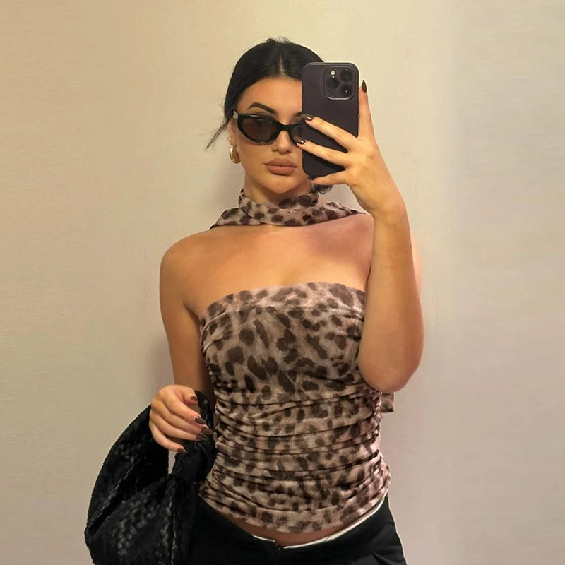 Leopard Tulle Off-Shoulder Blouse for Women