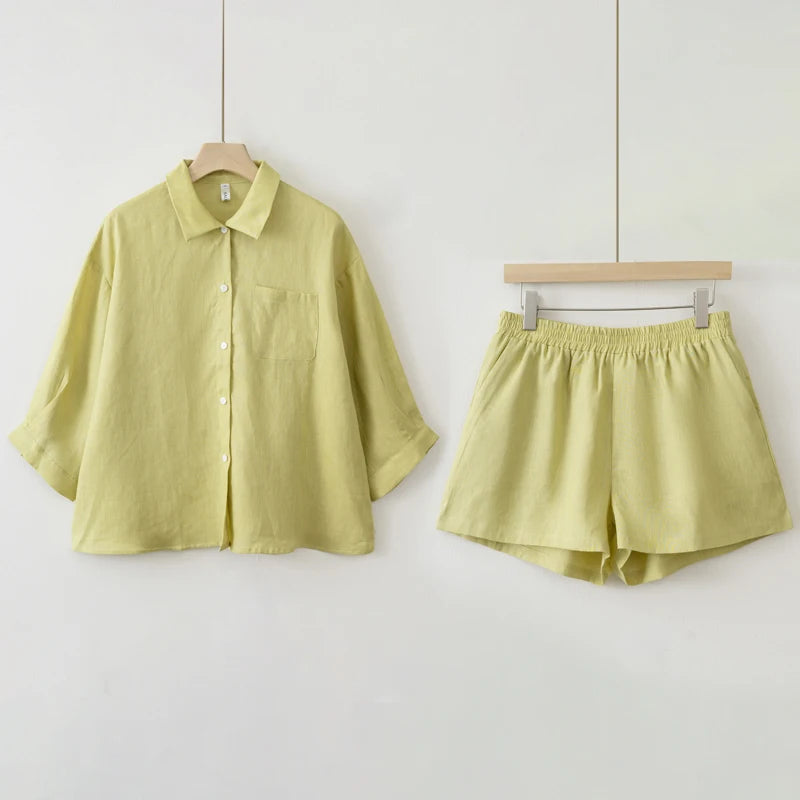 Linen Blouse & Shorts Two-Piece Set for Summer