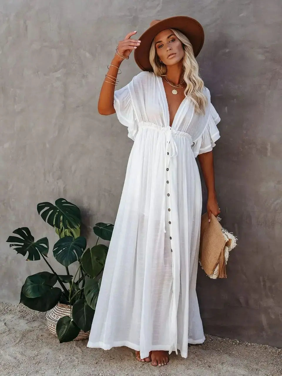 Long V-Neck Kimono Cover-Up