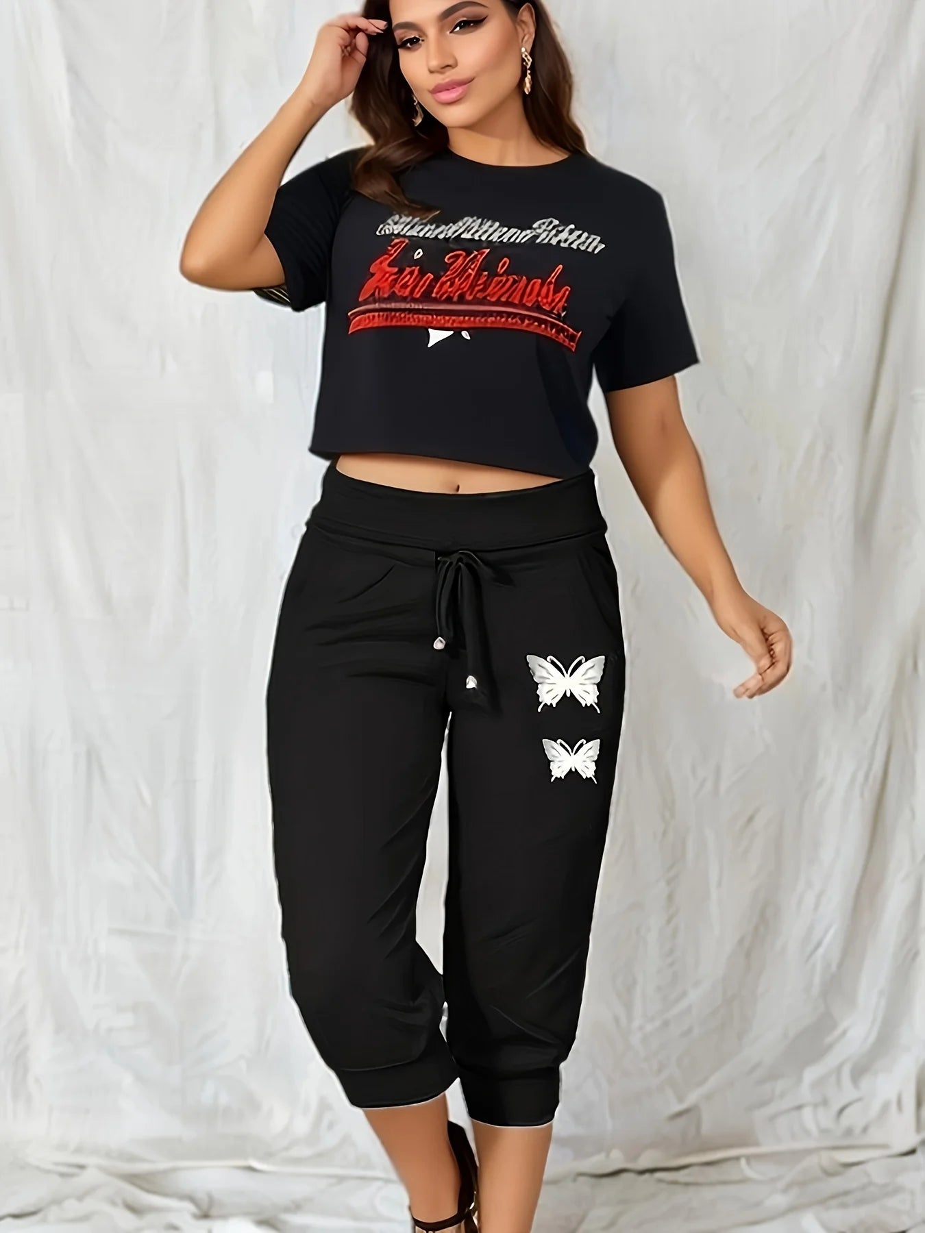 Calf-Length Jogger Pants with Butterfly Print