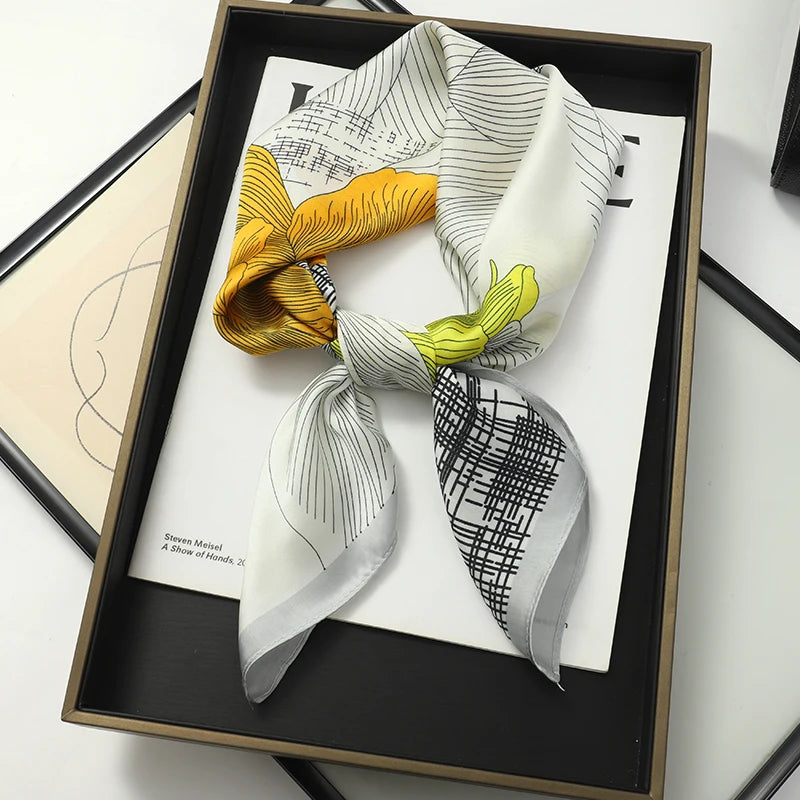 Silky Square Scarf & Head Wrap with Cat Motif