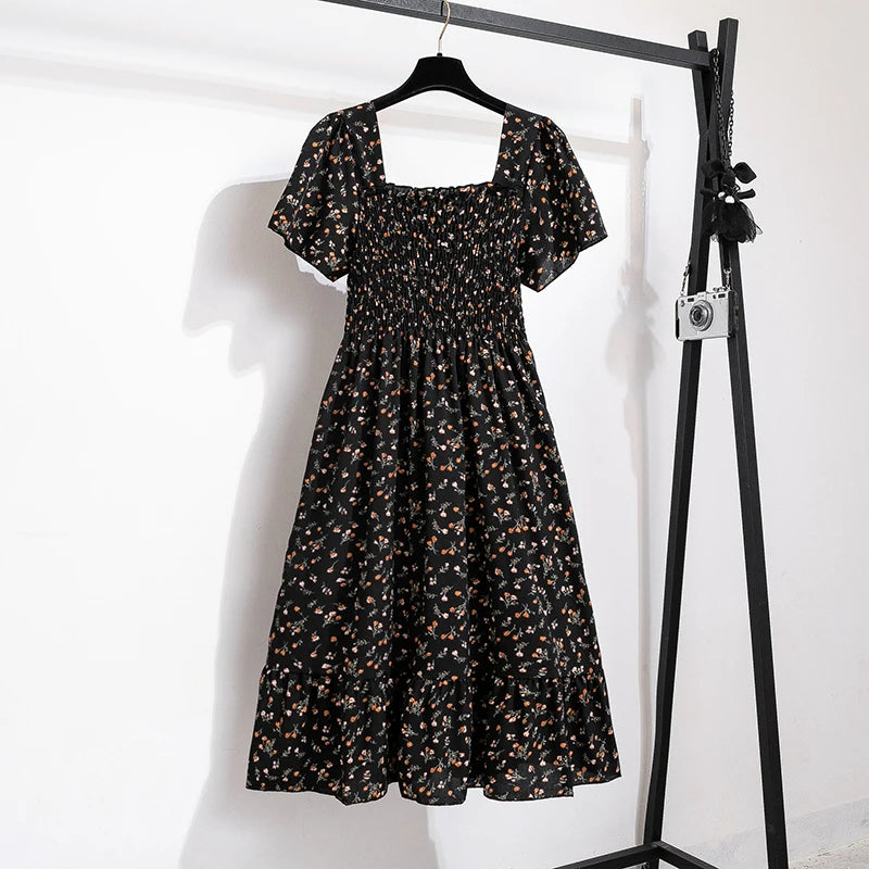 Floral Chiffon Midi Dress with Elastic Waist