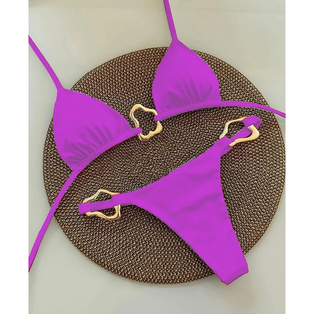 Solid Color Lace-Up Split Two-Piece Bikini