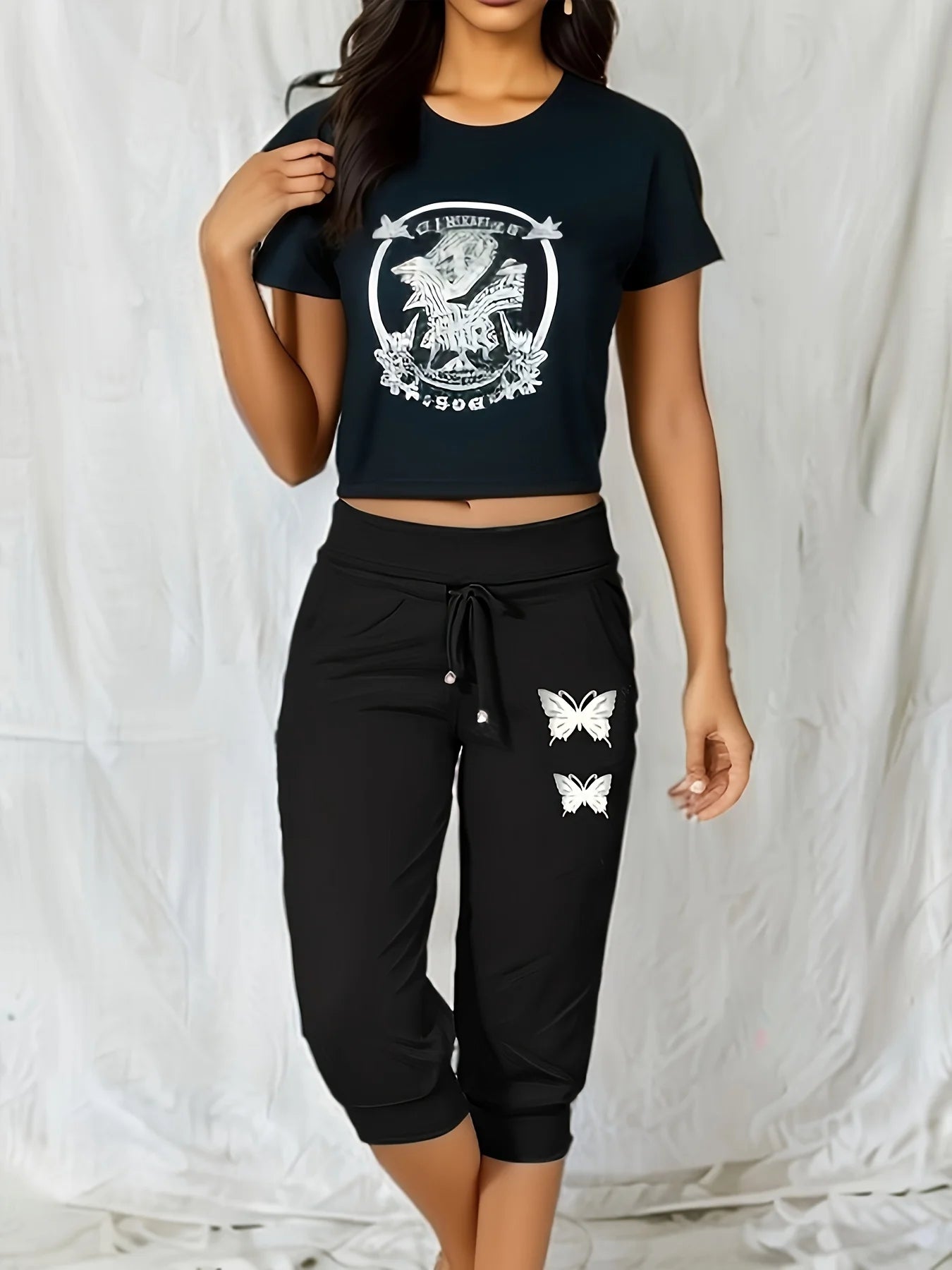 Calf-Length Jogger Pants with Butterfly Print