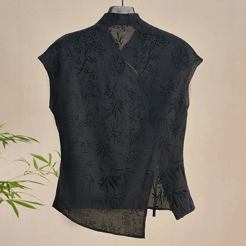 Retro Black Jacquard Top with Short Sleeves