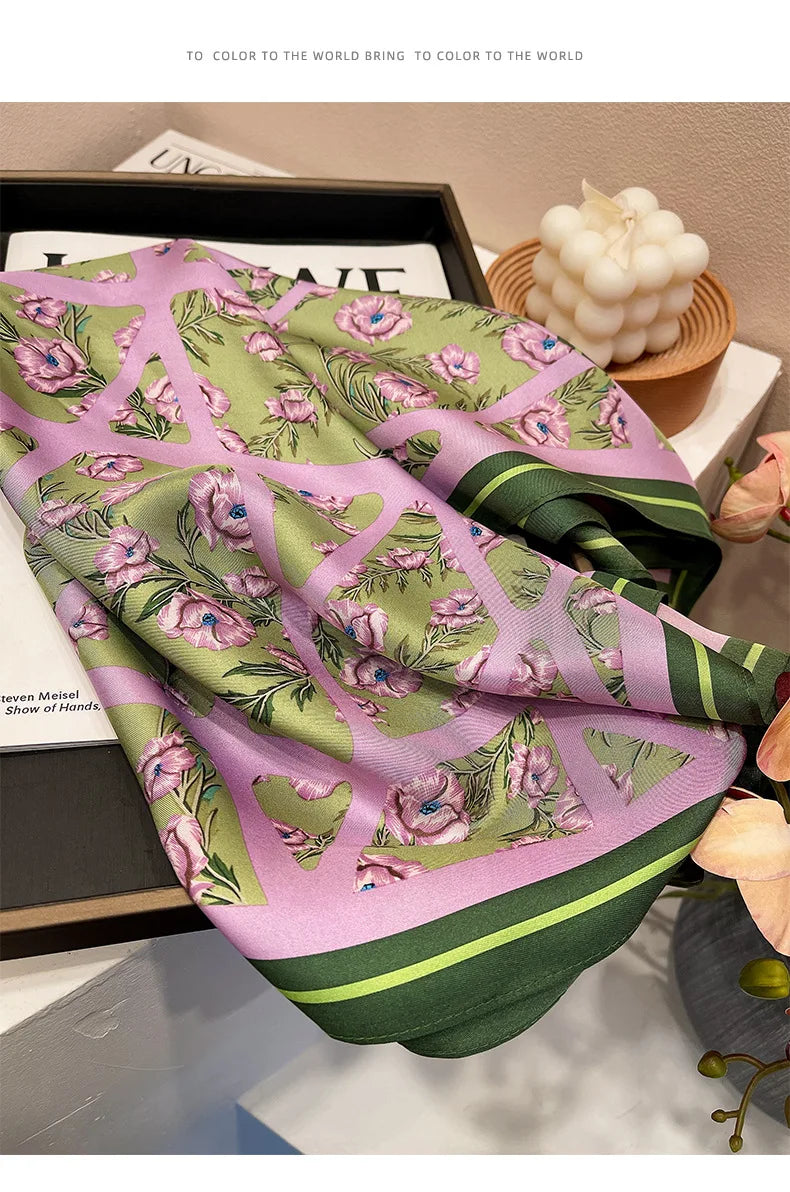 Silky Square Scarf & Head Wrap with Cat Motif