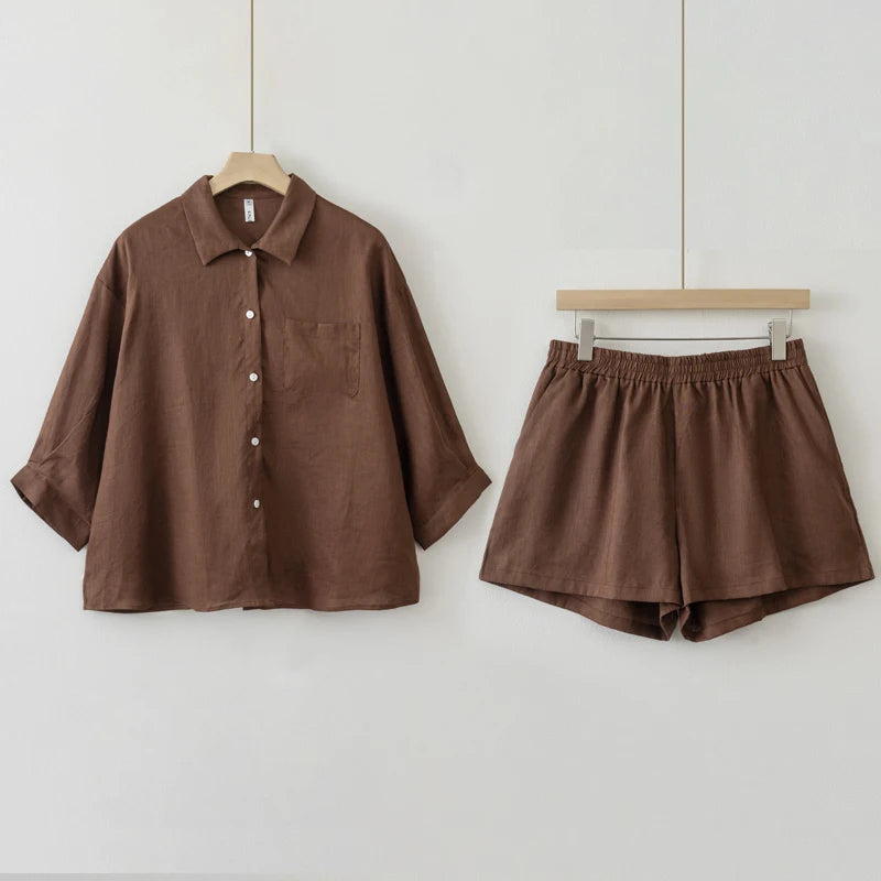 Linen Blouse & Shorts Two-Piece Set for Summer