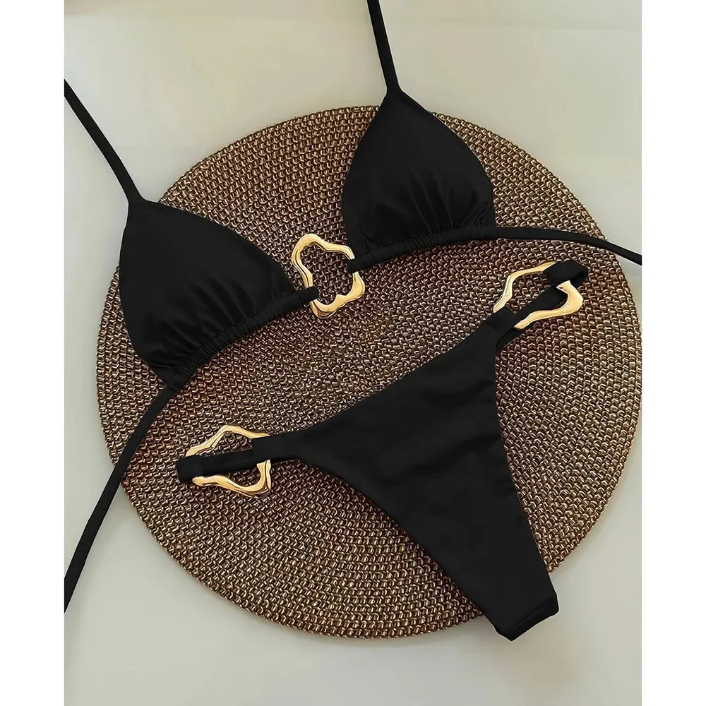 Solid Color Lace-Up Split Two-Piece Bikini
