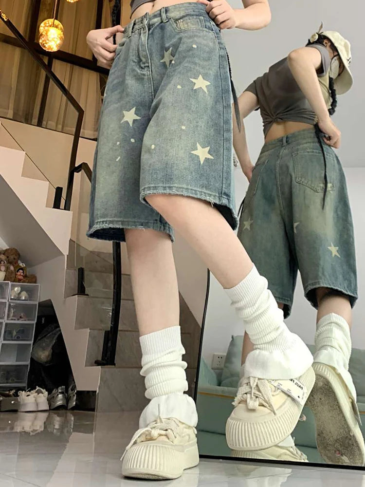 High-Waisted Retro Washed Denim Jorts with Stars