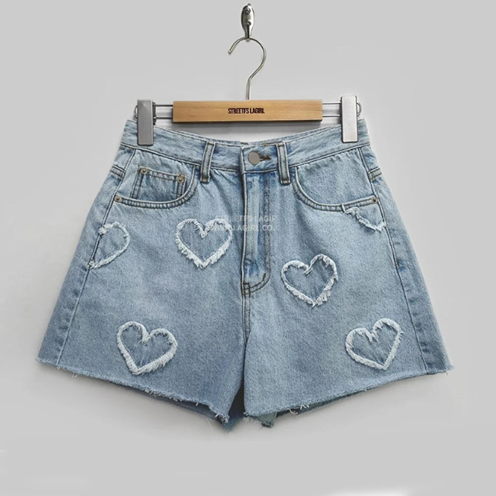 Y2K High-Waisted Denim Jorts with Hearts