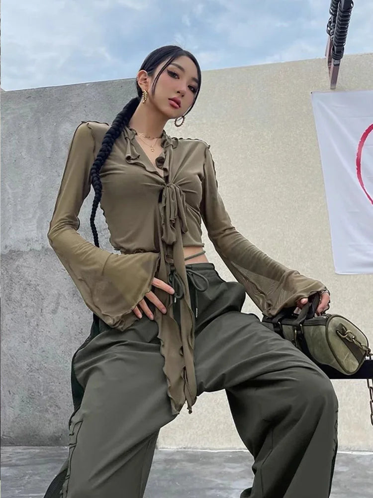 Lace-Up Mesh Blouse with Flared Sleeves