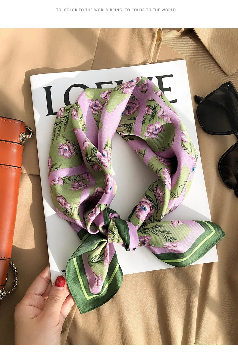 Silky Square Scarf & Head Wrap with Cat Motif