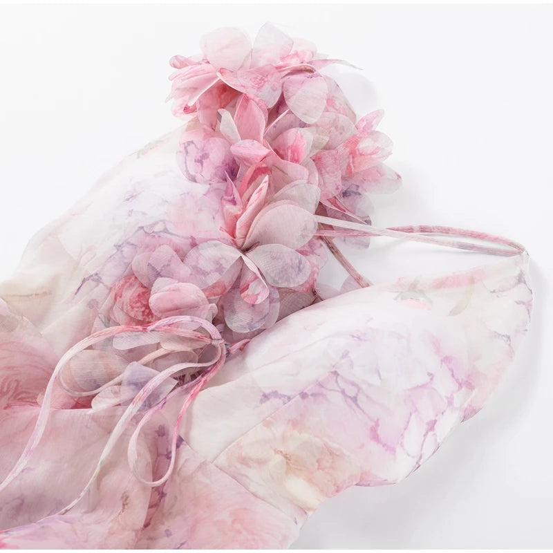 Backless Halter Summer Dress with 3D Flower Appliqués