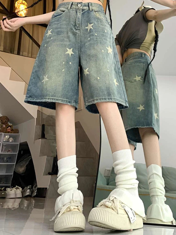 High-Waisted Retro Washed Denim Jorts with Stars
