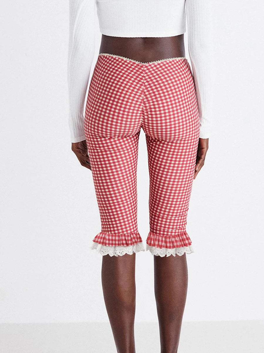 hirigin Y2K Lace Trim Plaid Capri Leggings with Low Waist