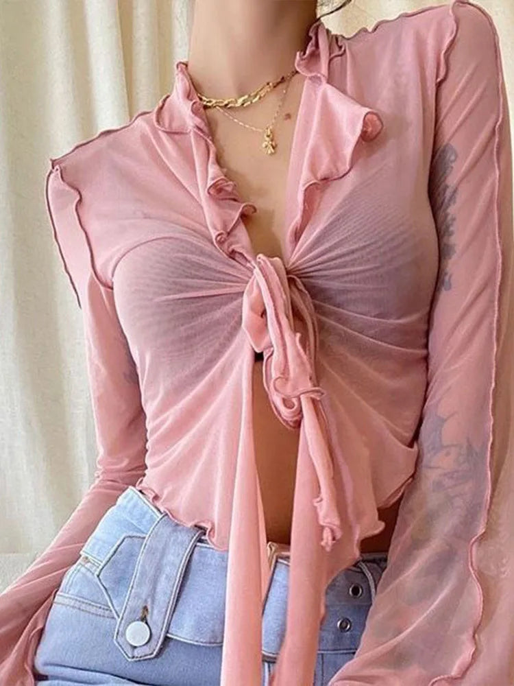 Lace-Up Mesh Blouse with Flared Sleeves
