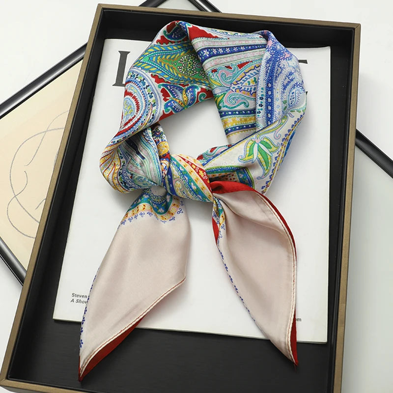 Silky Square Scarf & Head Wrap with Cat Motif