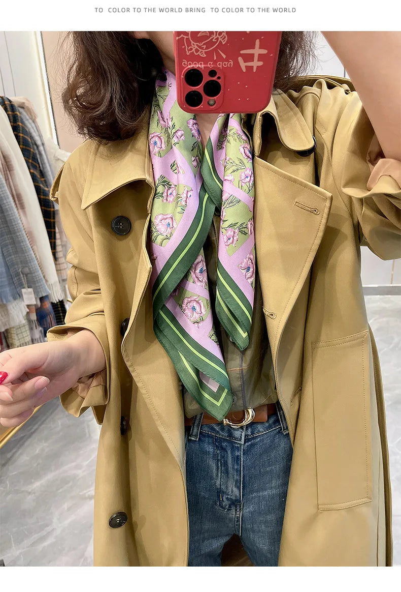 Silky Square Scarf & Head Wrap with Cat Motif