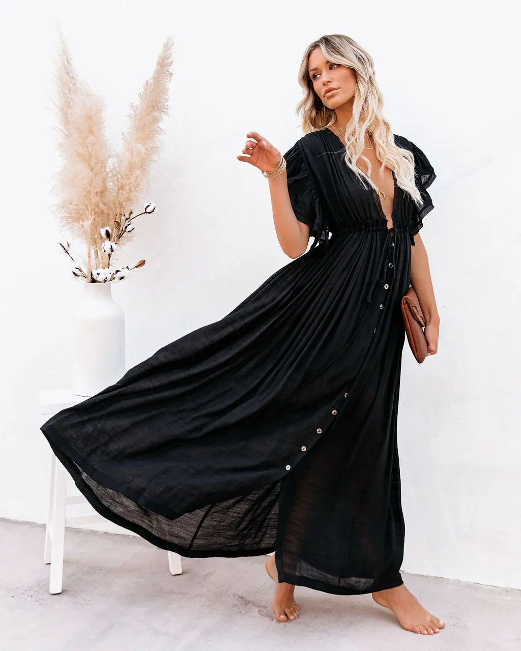 Long V-Neck Kimono Cover-Up
