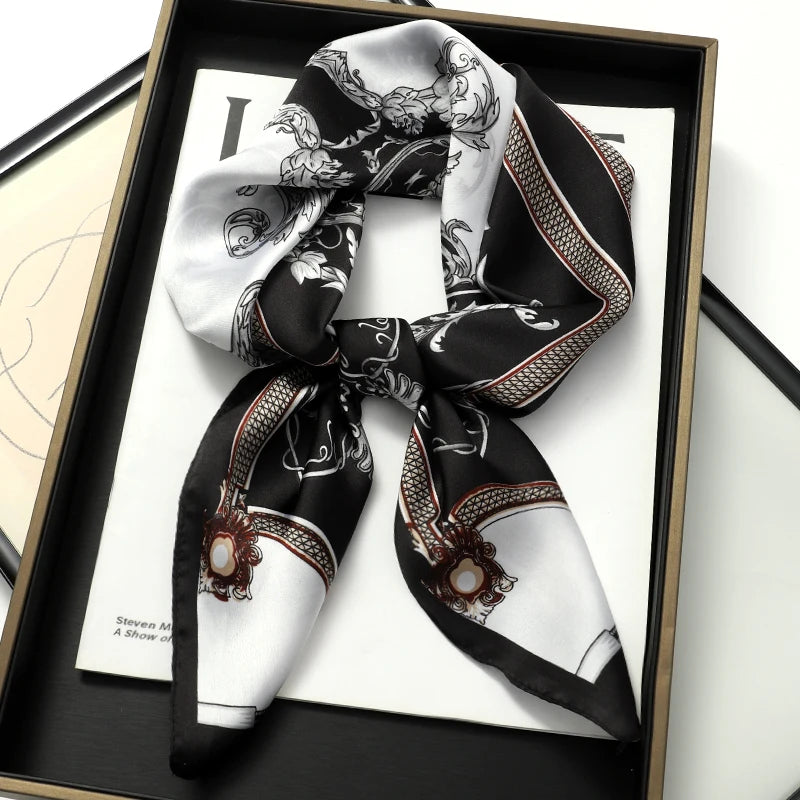 Silky Square Scarf & Head Wrap with Cat Motif