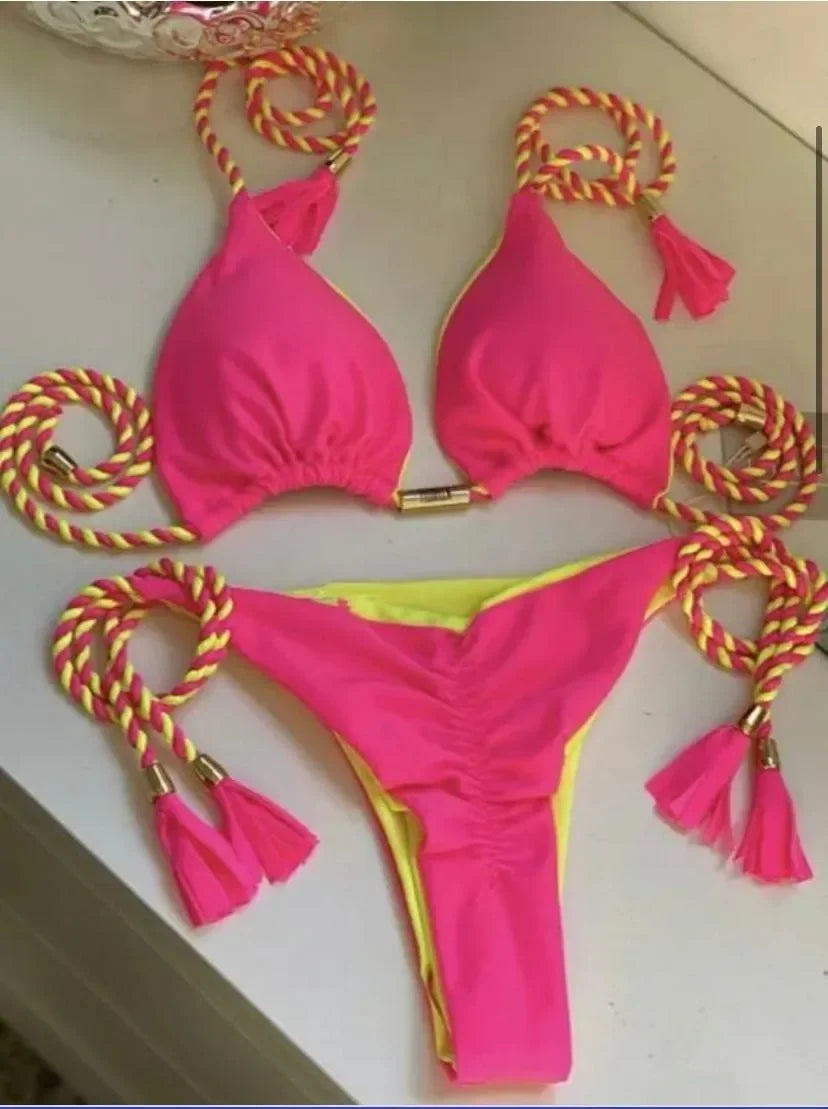 Two-Toned Triangle Bikini with Rope Tassels