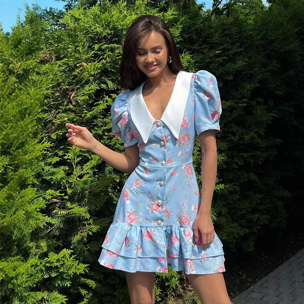 Tornova Puff Sleeve Ruffled Mini Dress