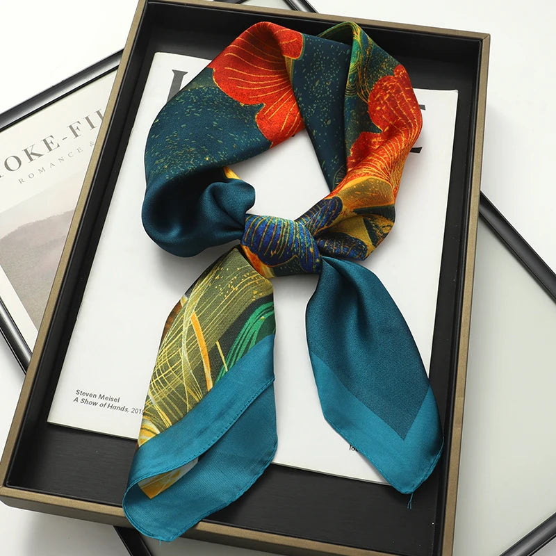 Silky Square Scarf & Head Wrap with Cat Motif