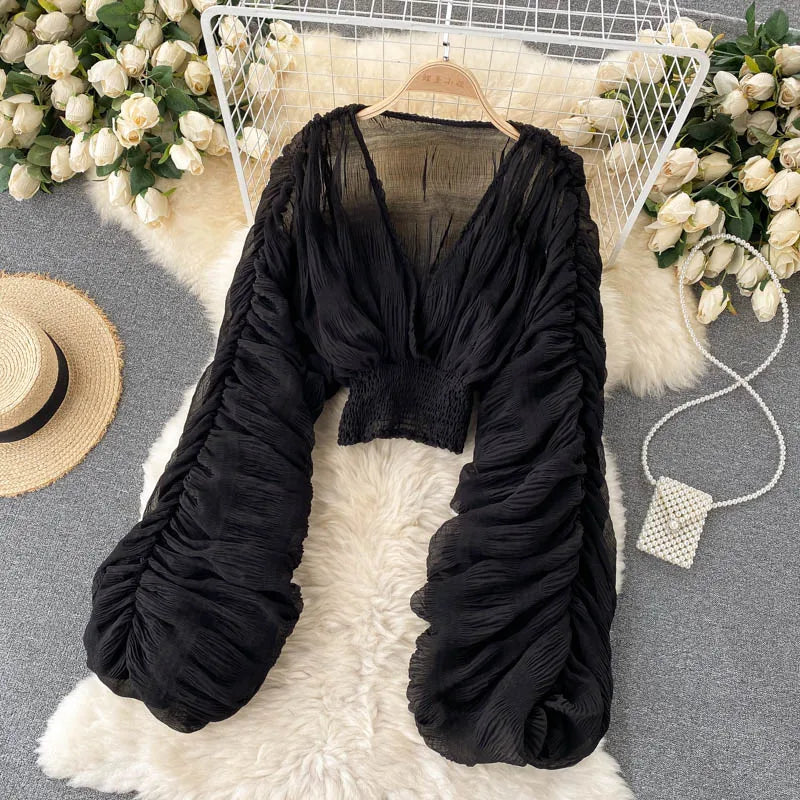 Sheer Y2K Chiffon Cropped Blouse with Long Sleeves