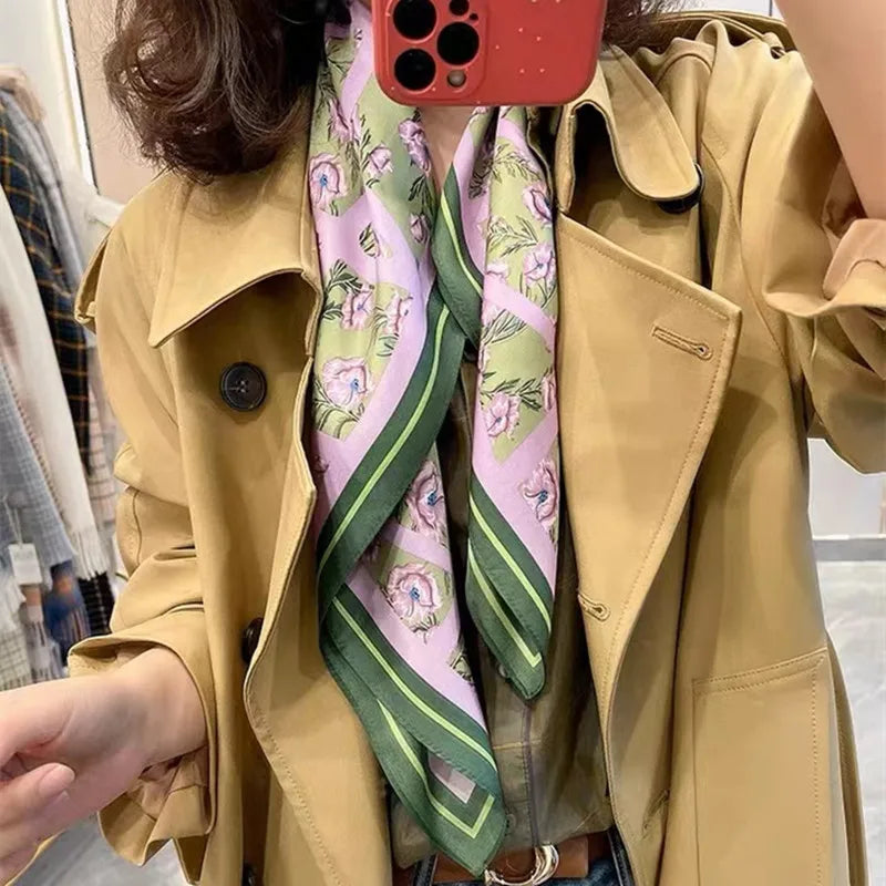 Silky Square Scarf & Head Wrap with Cat Motif