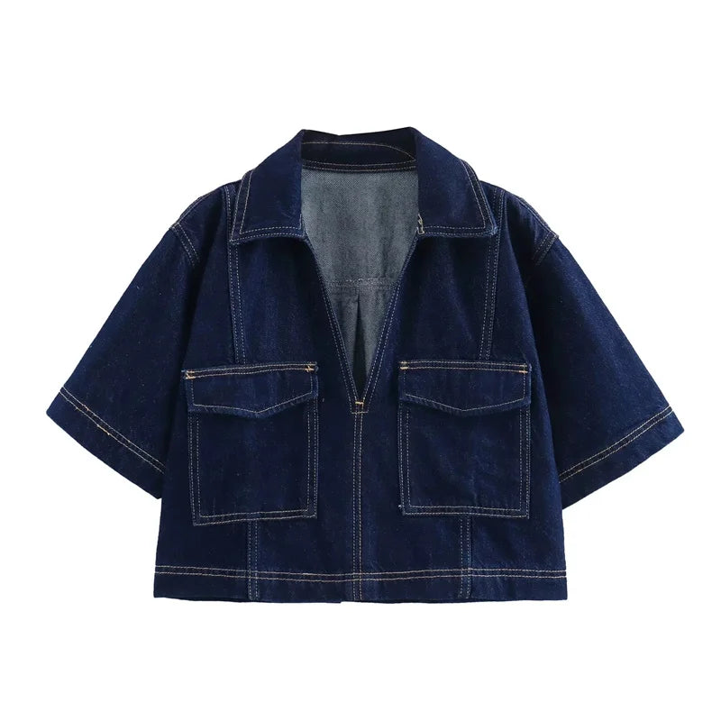 TRAF Cropped Y2K Blue Denim Shirt & Skirt Singles