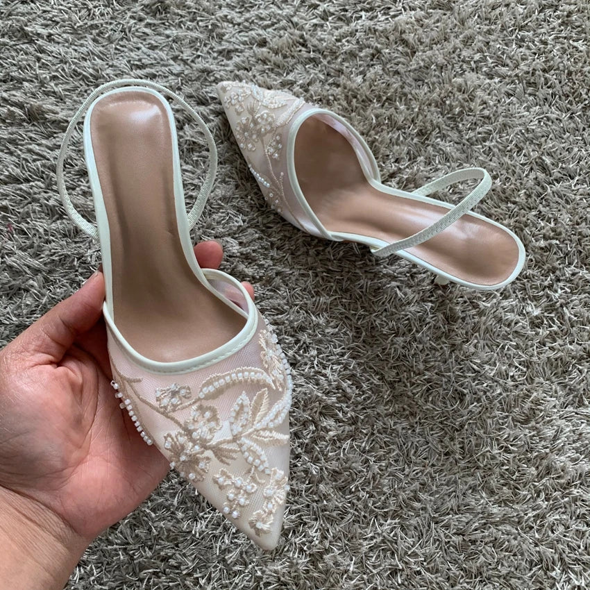 Mesh Embroidered Slingback Heels for Bridal & Party