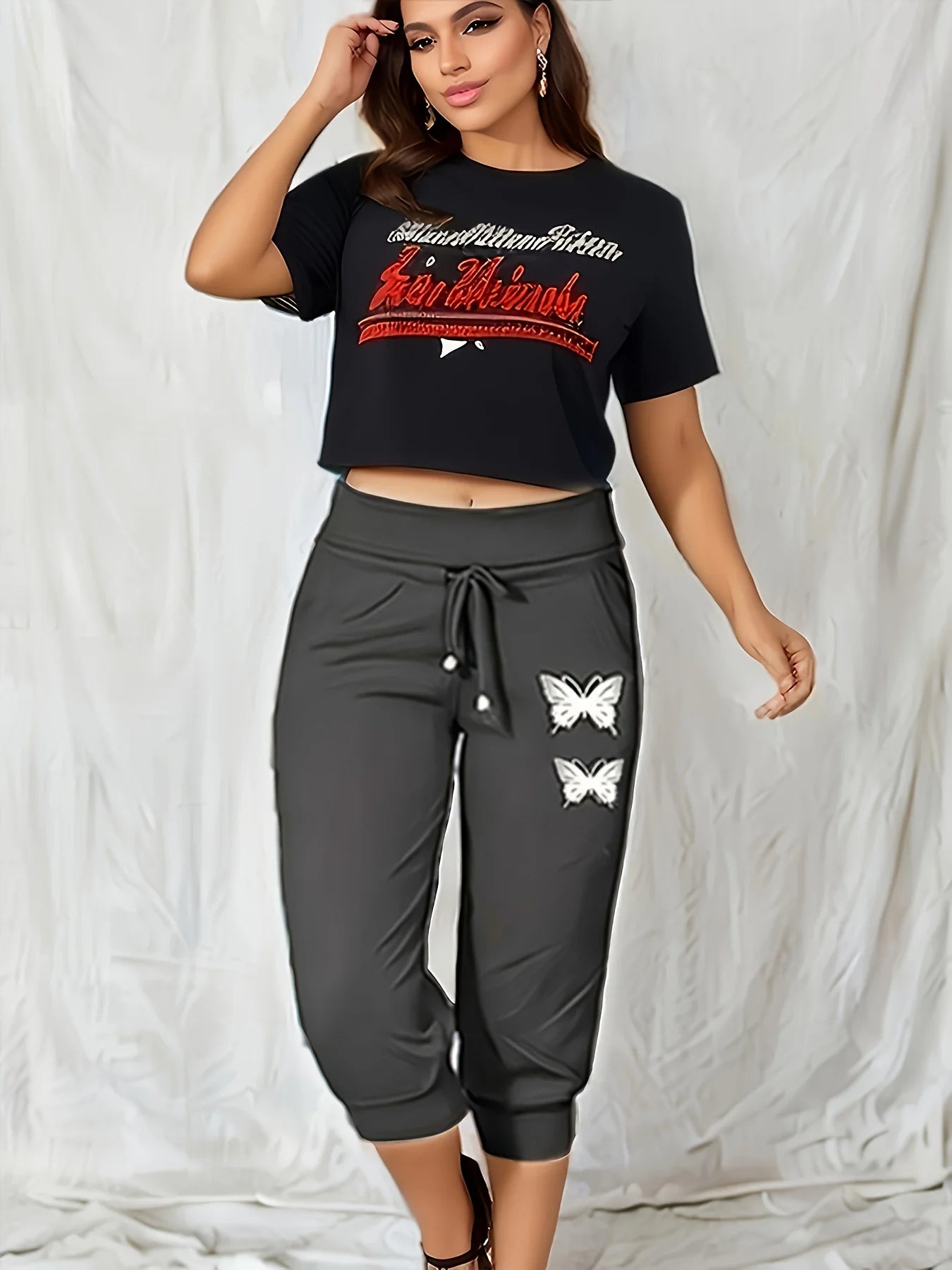 Calf-Length Jogger Pants with Butterfly Print