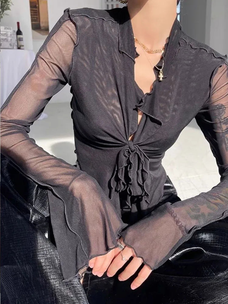 Lace-Up Mesh Blouse with Flared Sleeves