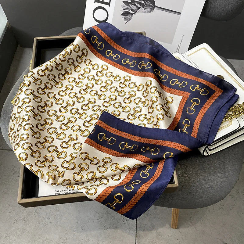 Silky Square Scarf & Head Wrap with Cat Motif