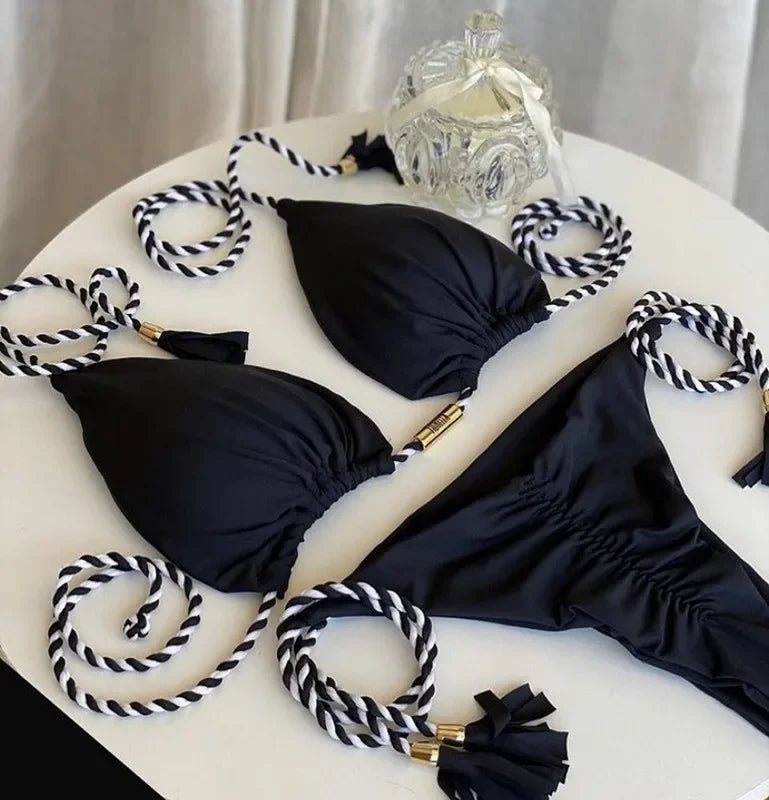 Two-Toned Triangle Bikini with Rope Tassels