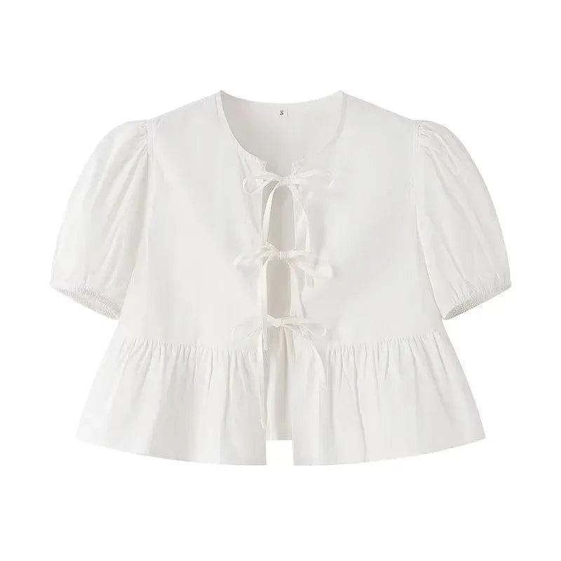 TRAF Ruffle Ruched Crop Blouse with Puffed Sleeves