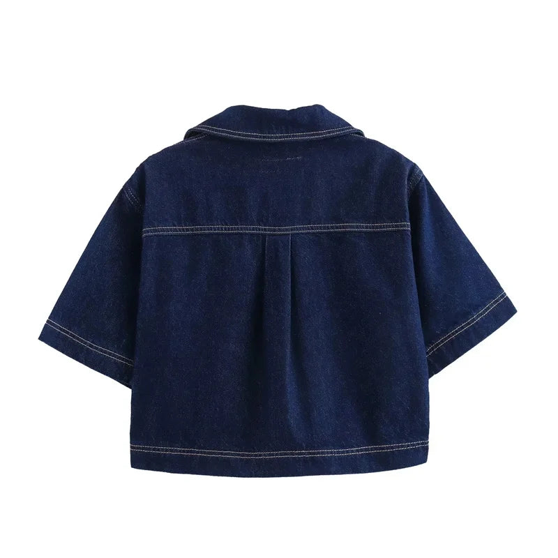 TRAF Cropped Y2K Blue Denim Shirt & Skirt Singles