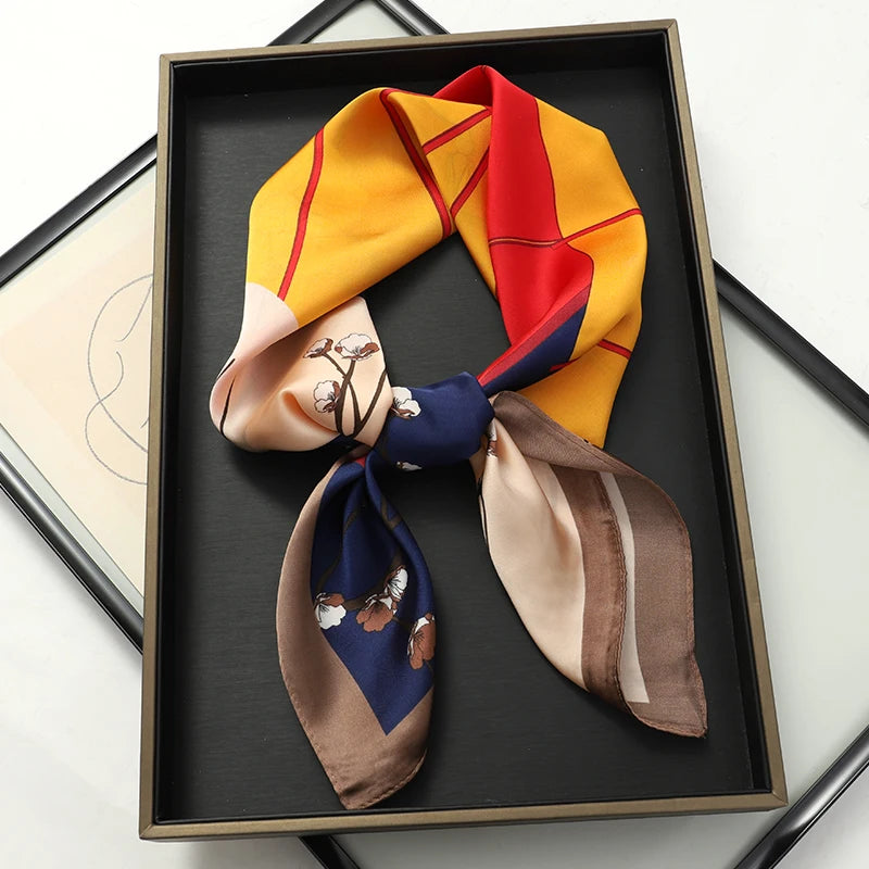 Silky Square Scarf & Head Wrap with Cat Motif