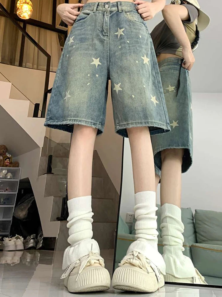 High-Waisted Retro Washed Denim Jorts with Stars