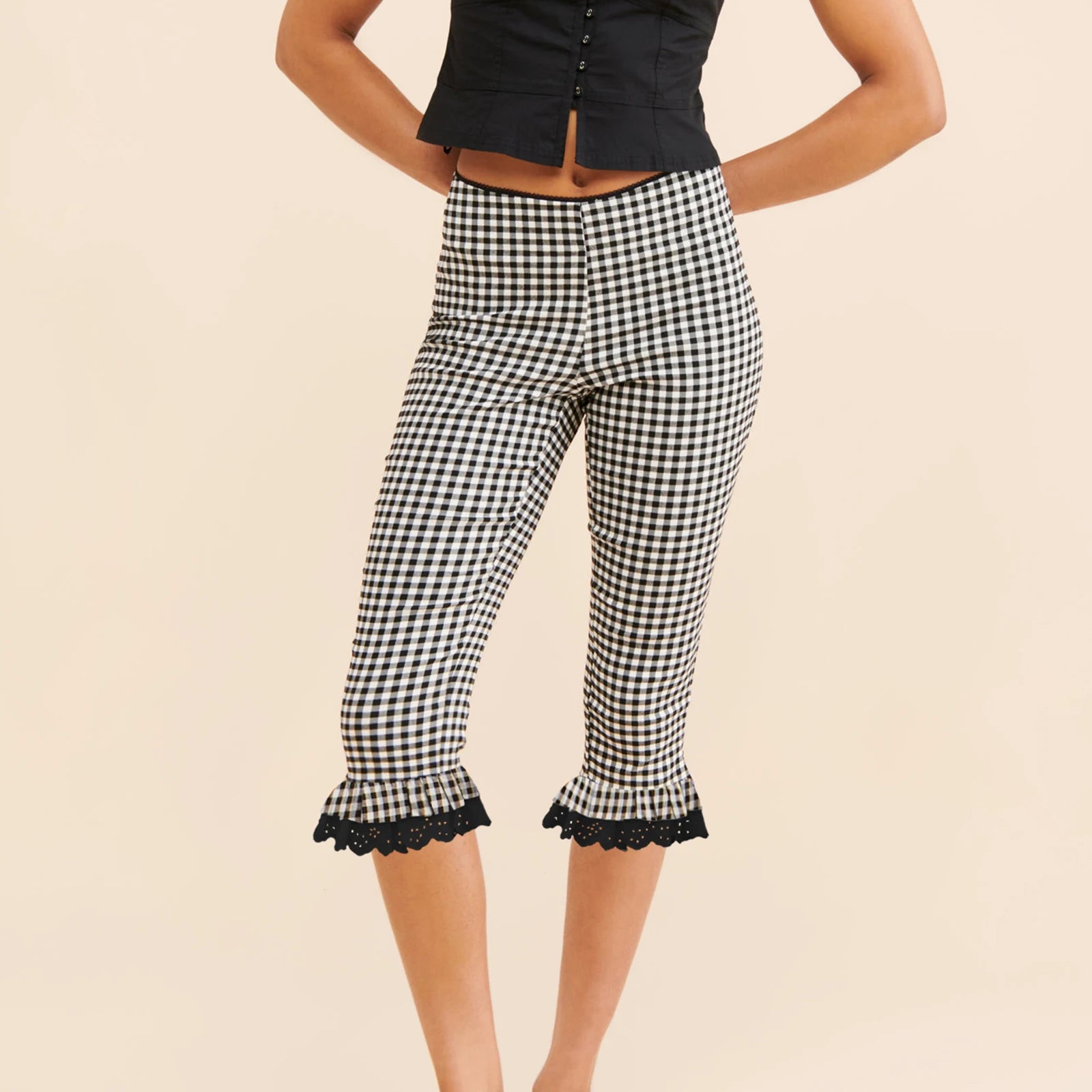 hirigin Y2K Lace Trim Plaid Capri Leggings with Low Waist