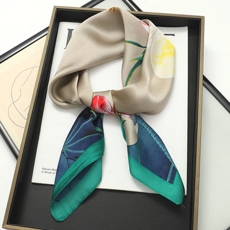 Silky Square Scarf & Head Wrap with Cat Motif