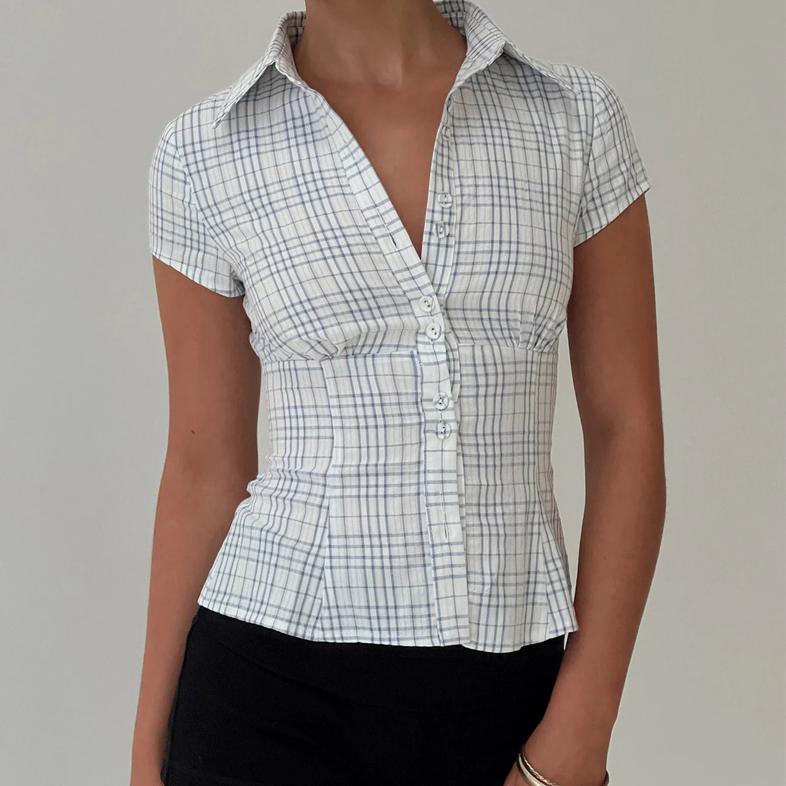 hirigin Y2K Plaid Short Sleeve Button-Down Shirt