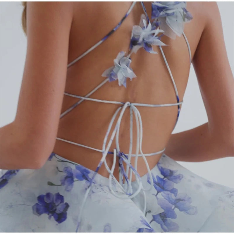 Backless Halter Summer Dress with 3D Flower Appliqués