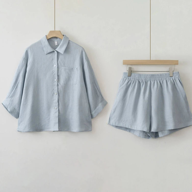 Linen Blouse & Shorts Two-Piece Set for Summer